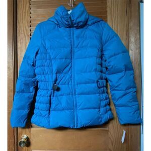 Women's Large Blue Puffers Jacket with Belt Hooded Winter Casual